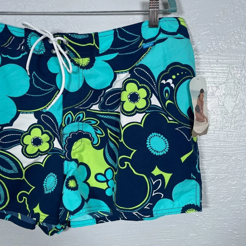 Vintage Catalina Girls XL Blue Green Floral Board Short Tankini Set Coconut Girl